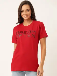YOLOCLAN Women Red  Black Printed Round Neck Pure Cotton T-shirt