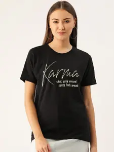 YOLOCLAN Women Black  Cream-Coloured Printed Round Neck Pure Cotton T-shirt