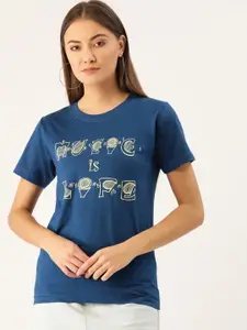YOLOCLAN Women Blue  Cream-Coloured Printed Round Neck Pure Cotton T-shirt