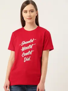 YOLOCLAN Women Red  Grey Printed Round Neck Pure Cotton T-shirt
