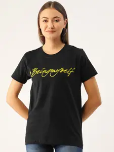 YOLOCLAN Women Black Solid Round Neck Pure Cotton T-shirt