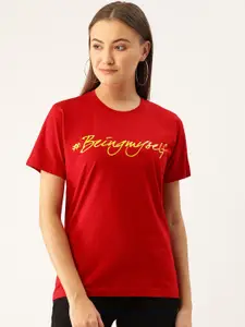 YOLOCLAN Women Red Printed Detail Round Neck Pure Cotton T-shirt
