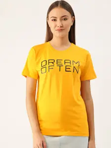 YOLOCLAN Women Yellow  Black Printed Round Neck Pure Cotton T-shirt