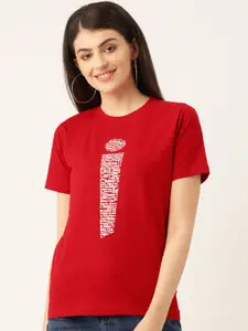 YOLOCLAN Women Red  White Printed Round Neck Pure Cotton T-shirt