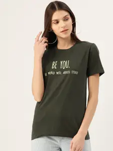 YOLOCLAN Women Olive Green Printed Round Neck T-shirt