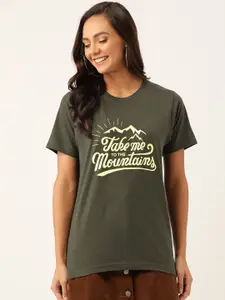 YOLOCLAN Women Olive Green  Cream-Coloured Printed Round Neck Pure Cotton T-shirt