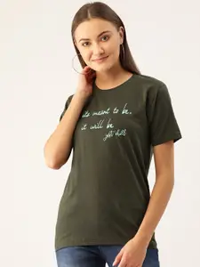 YOLOCLAN Women Olive Green  Blue Printed Round Neck Pure Cotton T-shirt