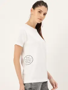 YOLOCLAN Women White Printed Detail Round Neck T-shirt
