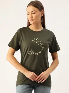 YOLOCLAN Women Olive Green  cream-Coloured Printed Round Neck Pure Cotton T-shirt
