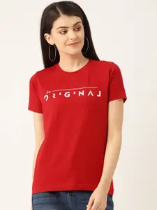YOLOCLAN Women Red Solid Round Neck Pure Cotton T-shirt