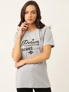 YOLOCLAN Women Grey Melange  Black Printed Round Neck Pure Cotton T-shirt