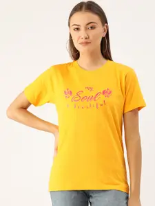 YOLOCLAN Women Yellow  Pink Printed Round Neck Pure Cotton T-shirt