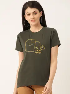 YOLOCLAN Women Olive Green & Mustard Yellow Printed Round Neck T-shirt