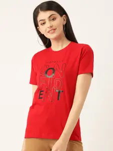 YOLOCLAN Women Red & Black Printed Round Neck T-shirt