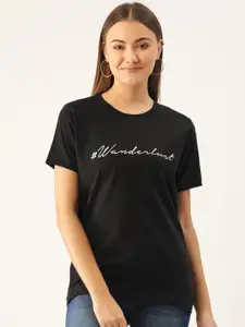 YOLOCLAN Women Black Solid Round Neck Pure Cotton T-shirt