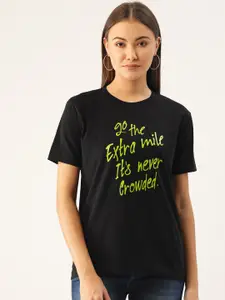 YOLOCLAN Women Black  Green Printed Round Neck Pure Cotton T-shirt