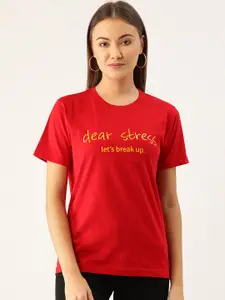 YOLOCLAN Women Red  Yellow Printed Round Neck Pure Cotton T-shirt