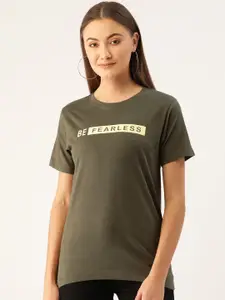 YOLOCLAN Women Olive Green Solid Round Neck Pure Cotton T-shirt