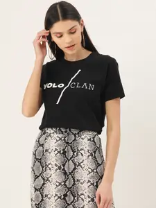 YOLOCLAN Women Black Printed Round Neck T-shirt