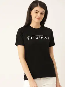 YOLOCLAN Women Black  White Printed Round Neck Pure Cotton T-shirt