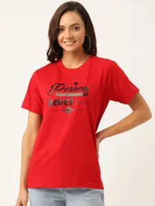 YOLOCLAN Women Red & Black Printed Round Neck T-shirt