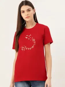 YOLOCLAN Women Red & Cream-Coloured Printed Round Neck T-shirt