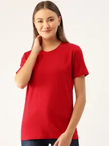 YOLOCLAN Women Red Solid Round Neck T-shirt