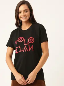 YOLOCLAN Women Black  Red Printed Round Neck Pure Cotton T-shirt