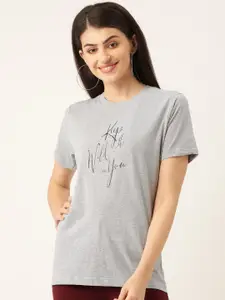 YOLOCLAN Women Grey Melange & Black Printed Round Neck T-shirt