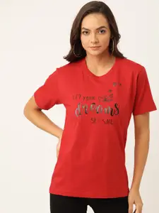 YOLOCLAN Women Red  Black Printed Round Neck Pure Cotton T-shirt