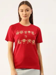 YOLOCLAN Women Red  Cream-Coloured Printed Round Neck Pure Cotton T-shirt