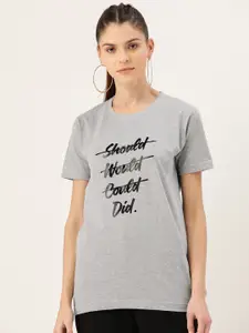 YOLOCLAN Women Grey Melange & Black Printed Round Neck T-shirt