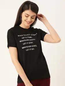 YOLOCLAN Women Black & White Printed Round Neck T-shirt