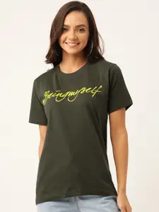 YOLOCLAN Women Olive Green & Yellow Printed Round Neck T-shirt