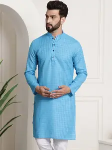 SOJANYA Men Blue Dobby Checked Straight Kurta