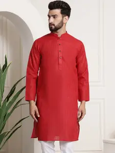SOJANYA Men Red Dobby Checked Straight Kurta