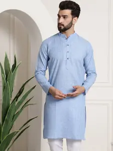 SOJANYA Men Blue Dobby Self-Checked Straight Kurta