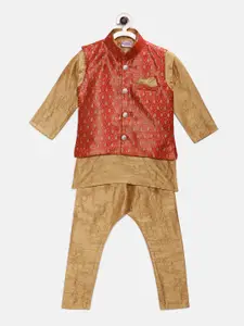 Ridokidz Boys Orange & Gold-Toned Solid Kurta with Pyjamas & Nehru Jacket