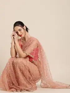Inddus Peach-Coloured Net Embellished Party Saree