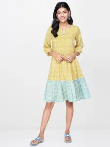 Global Desi Women Yellow & Teal Blue Printed Tiered Fit and Flare Dress