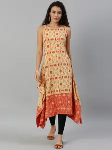 Global Desi Women Cream-Coloured & Orange Printed Fusion Asymmetric A-Line Kurta