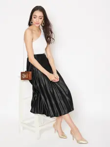 Uptownie Lite Black Satin Pleated Midi Skirt