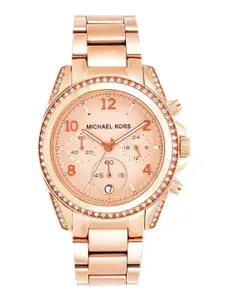 Michael Kors Women Chronograph Peach-Coloured Stone-Studded Dial Watch 5263I