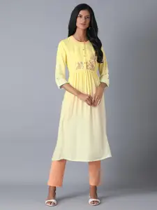 W Women Yellow & White Yoke Design Straight Kurta