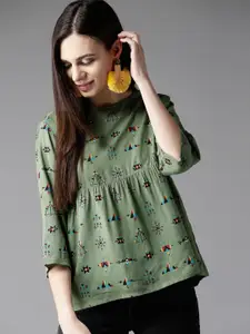 HERE&NOW Olive Green & Blue Geometric A-Line Top with Gathered Detail