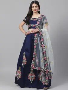 Readiprint Fashions Navy Blue & Pink Embroidered Semi-Stitched Lehenga & Unstitched Blouse with Dupatta