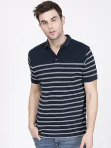 ether Men Navy Blue  Grey Striped Polo Collar Pure Cotton T-shirt