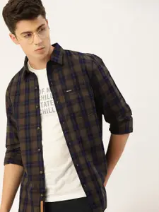 SINGLE Men Brown & Navy Blue Slim Fit Checked Casual Shirt