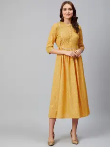 AURELIA Women Mustard Yellow & Silver Printed A-Line Dress