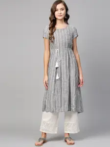 AURELIA Women Grey & White Striped A-Line Kurta